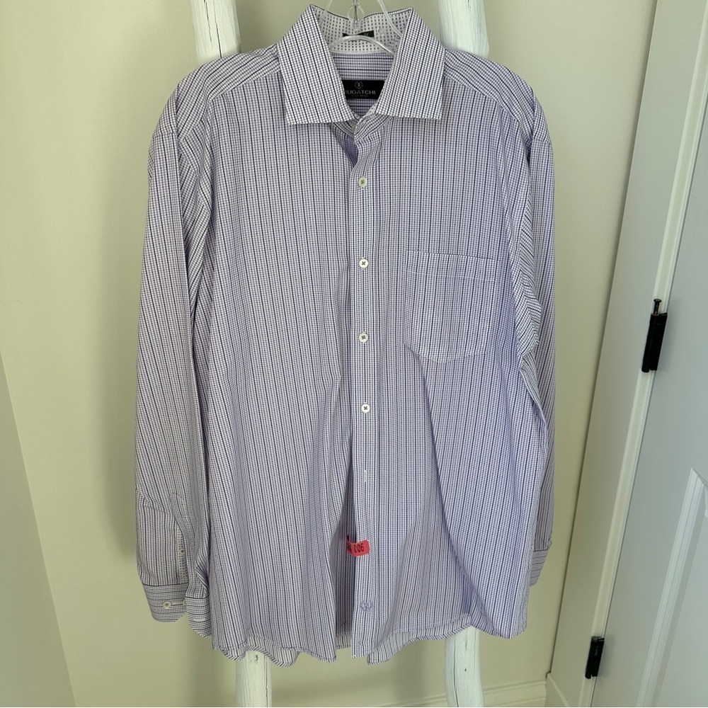 Bugatchi Men’s Purple and White Pinstripe Dress Shirt SZ Large - Picture 12 of 13